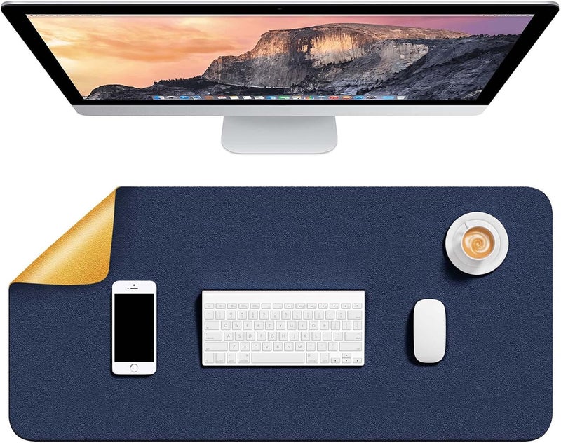 Hsurbtra Desk Pad, 31.5" x 15.7" Dual Side PU Leather Desk Mat, Waterproof Non-Slip Desktop Blotter Protector, Large Mouse Pad for Laptop Keyboard Office Home, Blue and Yellow - Image 1