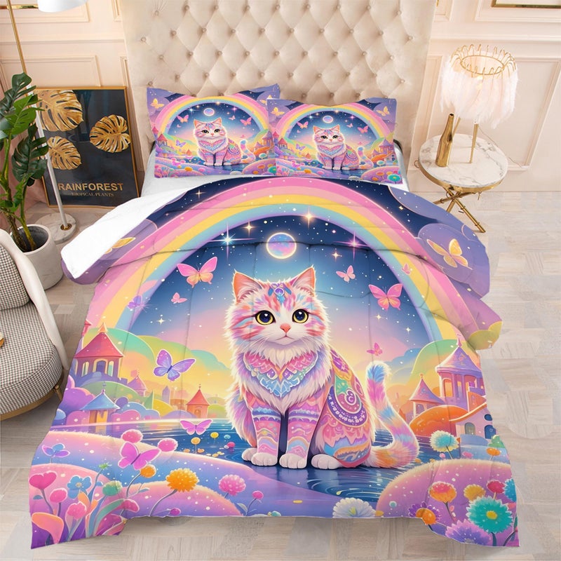EDGZKO Rainbow Cat Comforter Set: Twin Size Cute Colorful Cat Bedding for Kids Teen Girls Room Decor Kawaii Purple Pink Ethnic Kitten Quilt Floral Feline Castle Bed Sets 2 Piece - Image 1