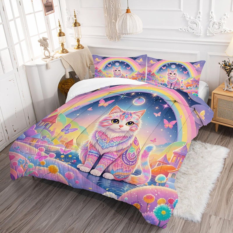 EDGZKO Rainbow Cat Comforter Set: Twin Size Cute Colorful Cat Bedding for Kids Teen Girls Room Decor Kawaii Purple Pink Ethnic Kitten Quilt Floral Feline Castle Bed Sets 2 Piece - Image 2