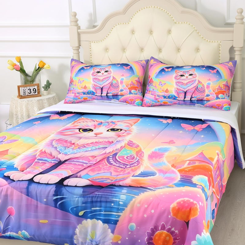 EDGZKO Rainbow Cat Comforter Set: Twin Size Cute Colorful Cat Bedding for Kids Teen Girls Room Decor Kawaii Purple Pink Ethnic Kitten Quilt Floral Feline Castle Bed Sets 2 Piece - Image 4