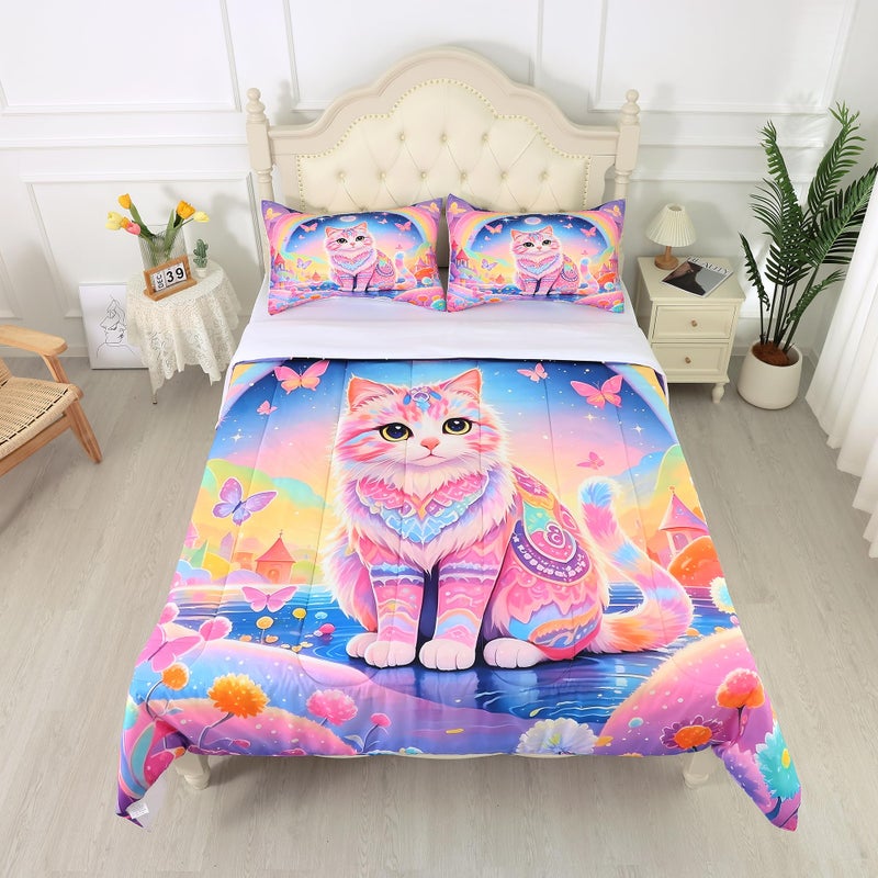 EDGZKO Rainbow Cat Comforter Set: Twin Size Cute Colorful Cat Bedding for Kids Teen Girls Room Decor Kawaii Purple Pink Ethnic Kitten Quilt Floral Feline Castle Bed Sets 2 Piece - Image 3