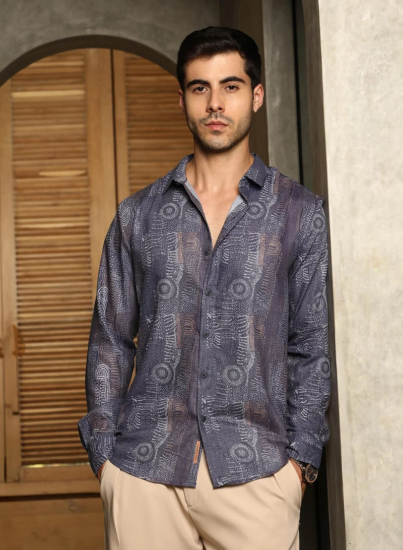 Campus Sutra Men's Indigo Blue Thread-Imprint Shirt