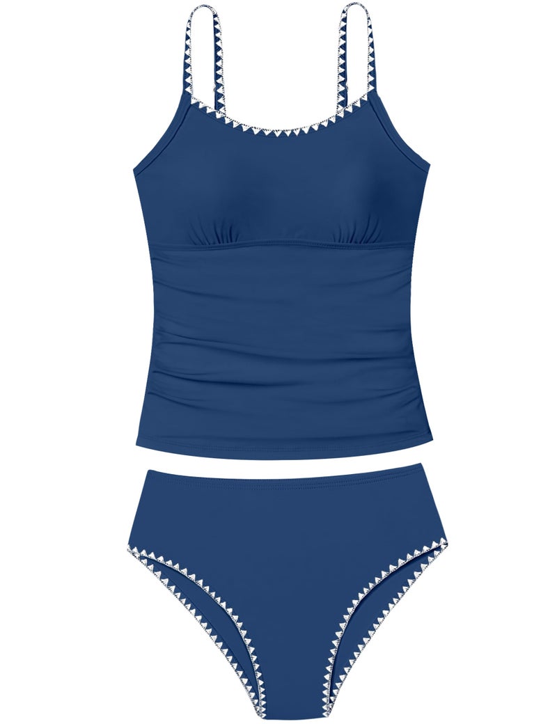 TyeSmo Girls Swimsuits Size 10-12 Solid Color Tankini Contrast Trim Swimwear 2 Piece Swimsuit for Girls Bathing Suits Size 10 12 Padded Bathing Suit for Girl - Image 1