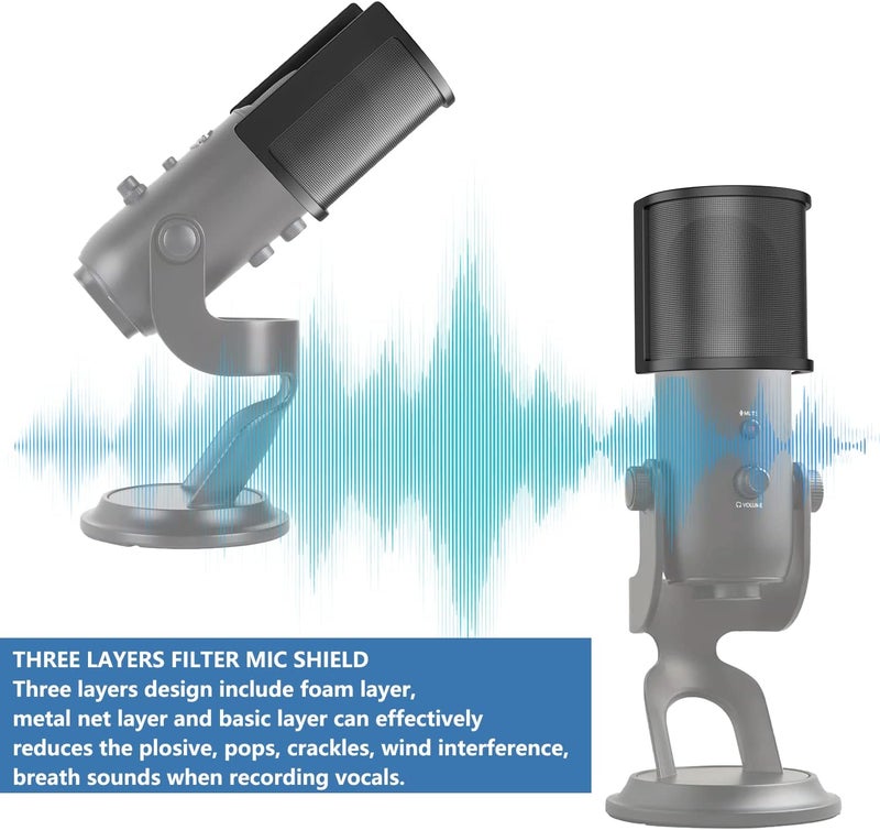 PEMOTech Microphone Pop Filter for Blue Yeti, [Upgraded Three Layers] Metal Mesh & Foam & Etamine Layer Microphone Windscreen Cover Handheld Mic Shield Mask - Image 5