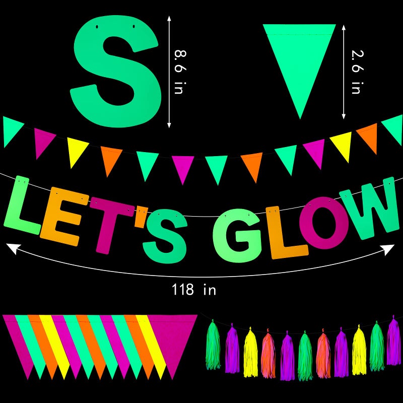 Outus Neon Party Supplies Includes Let's Glow Banner 20 Pieces Neon Paper Tassels and Neon Triangle Flag Glow in The Dark Party Supplies Bunting Party Hanging Decorations for Halloween Birthday Party - Image 2