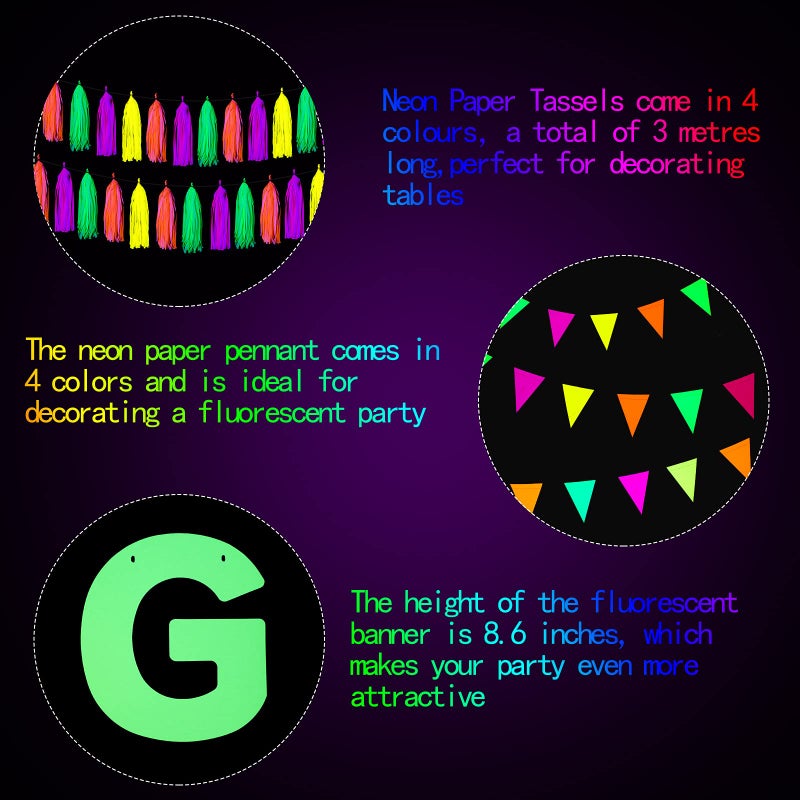 Outus Neon Party Supplies Includes Let's Glow Banner 20 Pieces Neon Paper Tassels and Neon Triangle Flag Glow in The Dark Party Supplies Bunting Party Hanging Decorations for Halloween Birthday Party - Image 3