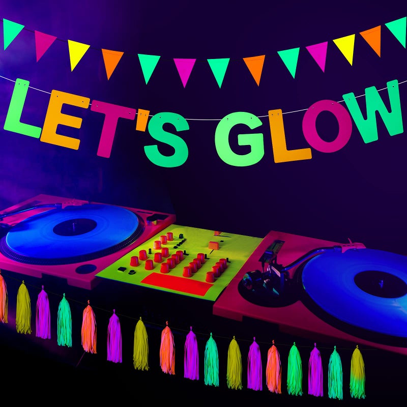 Outus Neon Party Supplies Includes Let's Glow Banner 20 Pieces Neon Paper Tassels and Neon Triangle Flag Glow in The Dark Party Supplies Bunting Party Hanging Decorations for Halloween Birthday Party - Image 4