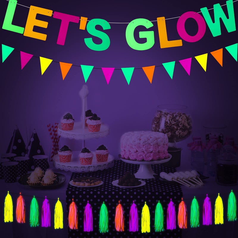 Outus Neon Party Supplies Includes Let's Glow Banner 20 Pieces Neon Paper Tassels and Neon Triangle Flag Glow in The Dark Party Supplies Bunting Party Hanging Decorations for Halloween Birthday Party - Image 5