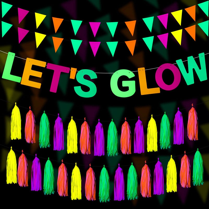 Outus Neon Party Supplies Includes Let's Glow Banner 20 Pieces Neon Paper Tassels and Neon Triangle Flag Glow in The Dark Party Supplies Bunting Party Hanging Decorations for Halloween Birthday Party - Image 1