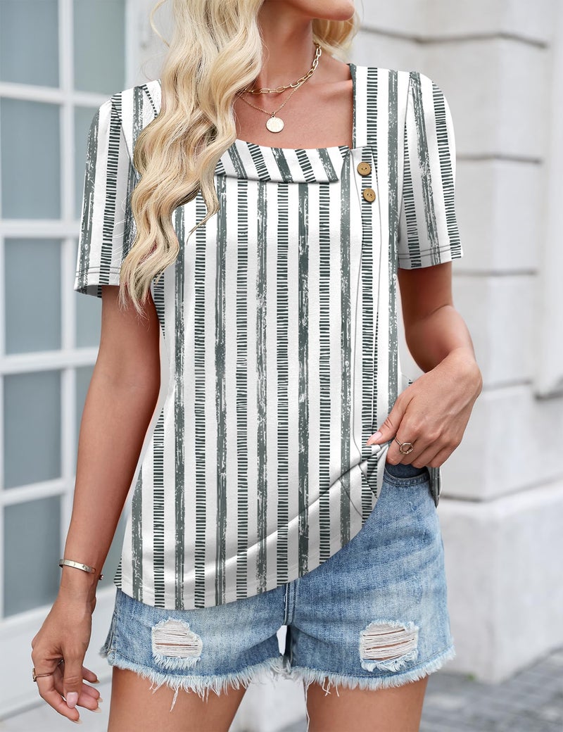 LUYAA Summer Outfits for Women Cute Short Sleeve Button Dressy Boho Casual Loose Fit Lightweight Fashion Tunic Blouse Gray Stripes XL - Image 3