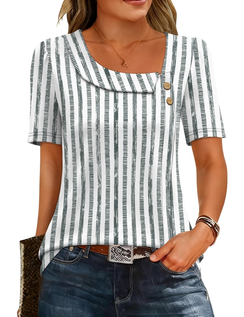 LUYAA Summer Outfits for Women Cute Short Sleeve Button Dressy Boho Casual Loose Fit Lightweight Fashion Tunic Blouse Gray Stripes XL - Image 1