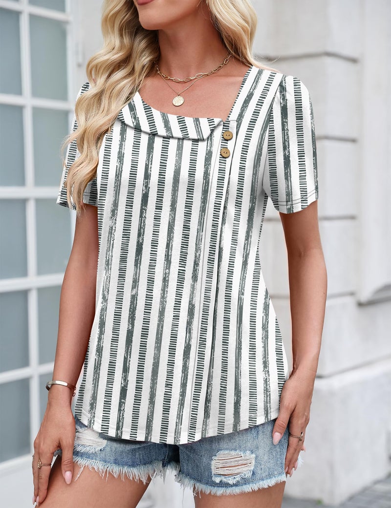 LUYAA Summer Outfits for Women Cute Short Sleeve Button Dressy Boho Casual Loose Fit Lightweight Fashion Tunic Blouse Gray Stripes XL - Image 2