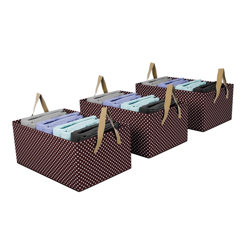 Kuber Industries Kuber Industries Pack of 3 Wardrobe Organizer Parachute Storage Box for Sweater Jeans Drawer Organizer with Handles Foldable Metal Frame Storage Baskets for Clothing Dot Print Brown - Image 1