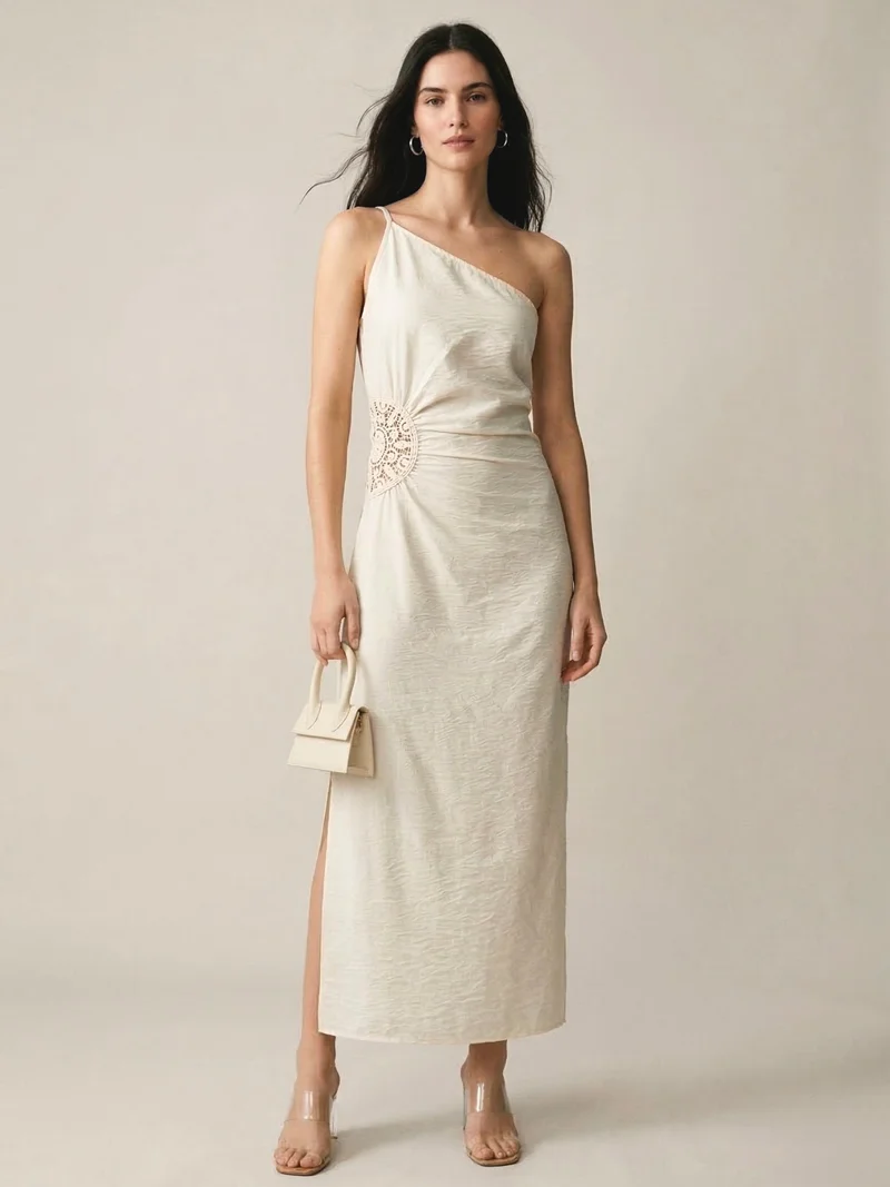 أوجيدر White Maxi Dress With Side Lace Detail