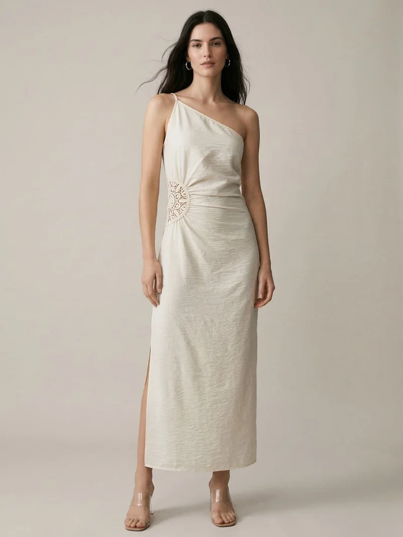 Outzidr  White Maxi Dress With Side Lace Detail for Women | Best Price UAE