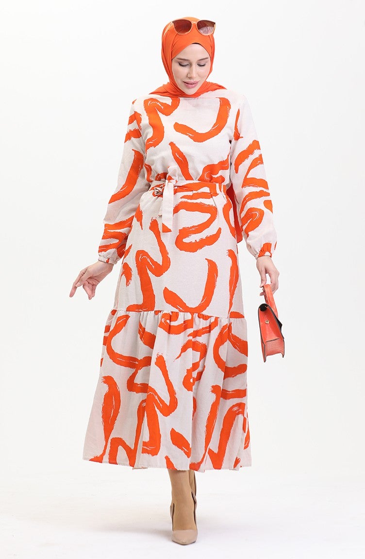 Sefa Merve Patterned Belted Linen Dress 0471A-07 Beige Orange - Image 1