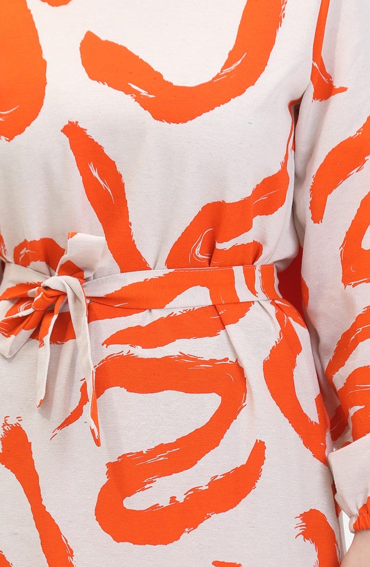 Sefa Merve Patterned Belted Linen Dress 0471A-07 Beige Orange - Image 4