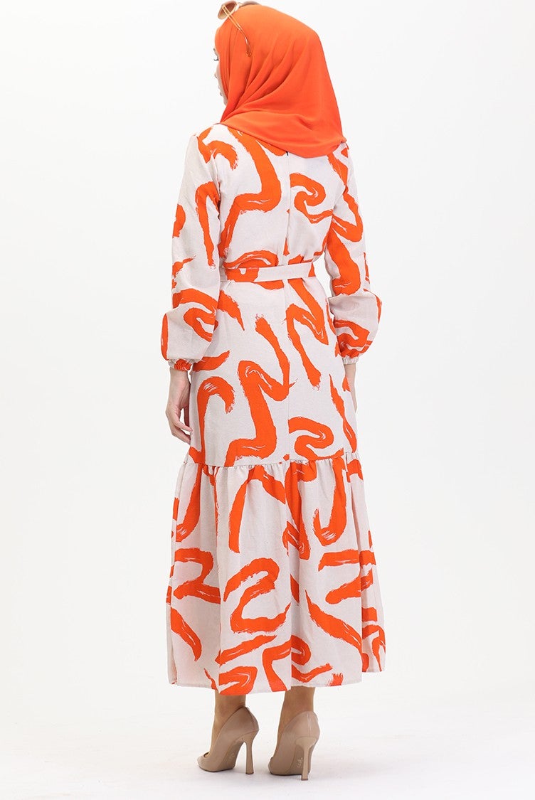 Sefa Merve Patterned Belted Linen Dress 0471A-07 Beige Orange - Image 5