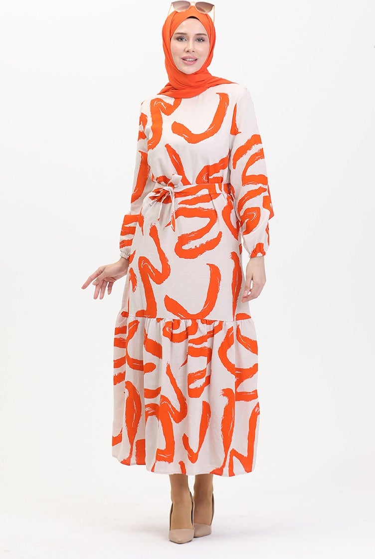 Sefa Merve Patterned Belted Linen Dress 0471A-07 Beige Orange - Image 2
