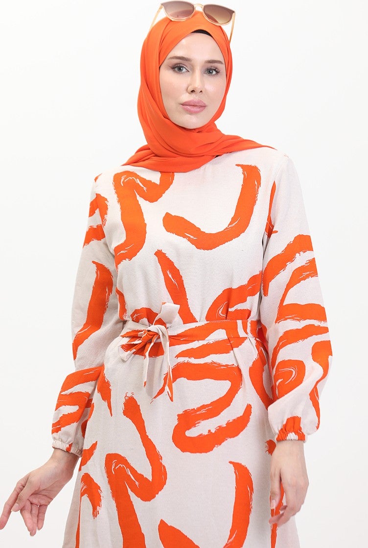 Sefa Merve Patterned Belted Linen Dress 0471A-07 Beige Orange - Image 3