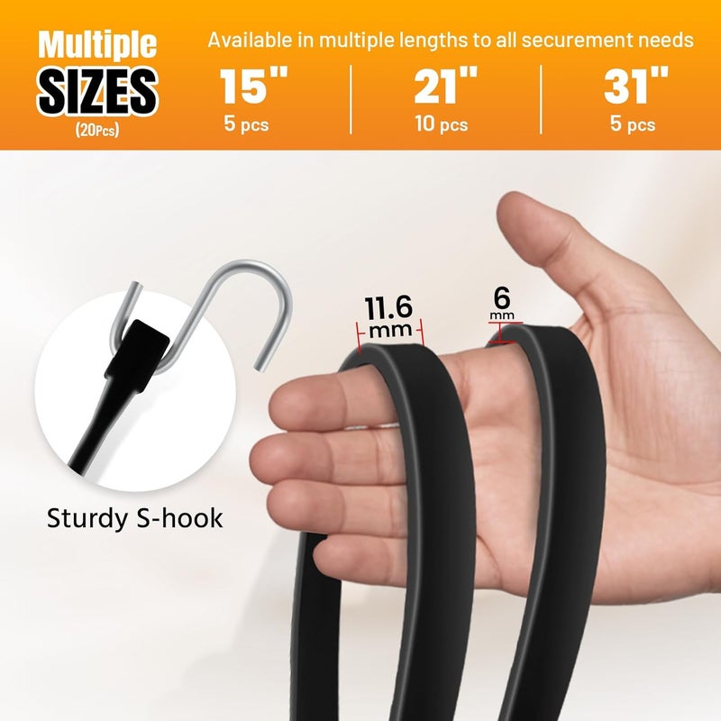 HOXWELL Rubber Bungee Cords with Hooks, 100% EPDM Bungee Cord with 150% Max Stretch, 15", 21", 31" (20 Pack) Heavy Duty Bungee Straps for Securing Tarps, Canvases, Cargo, Motorcycle, Weatherproof - Image 2