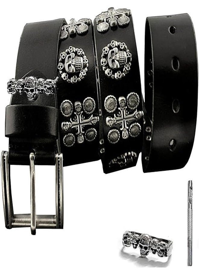 vogueteen Men's Punk Genuine Leather Belts Biker Rock Skull Cross Black Waist Strap belt - Image 1