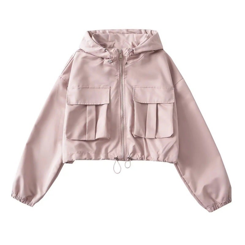 2023 early autumn design niche lightweight double Pocket Workwear slimming hem drawstring sun protection jacket hooded jacket Pink 