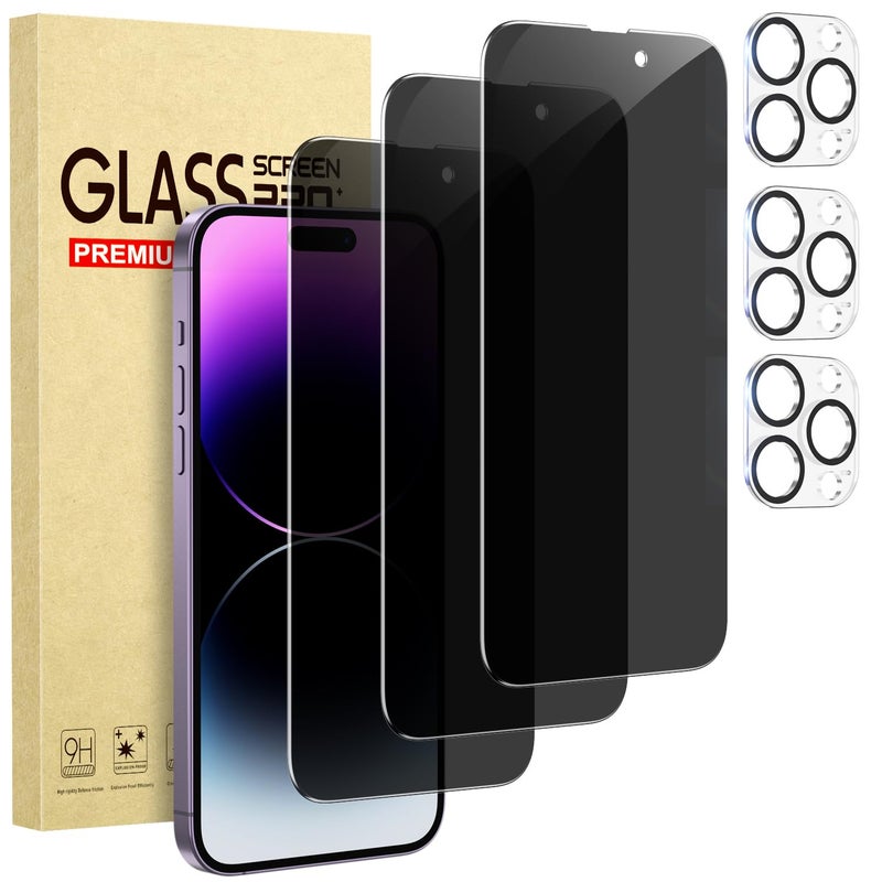 Cutebe 3 Pack Privacy Screen Protector for iPhone 14 Pro Max+3 Pack Camera Lens Protector with Tempered Glass, Touch Sensitive and Case Friendly - Image 1