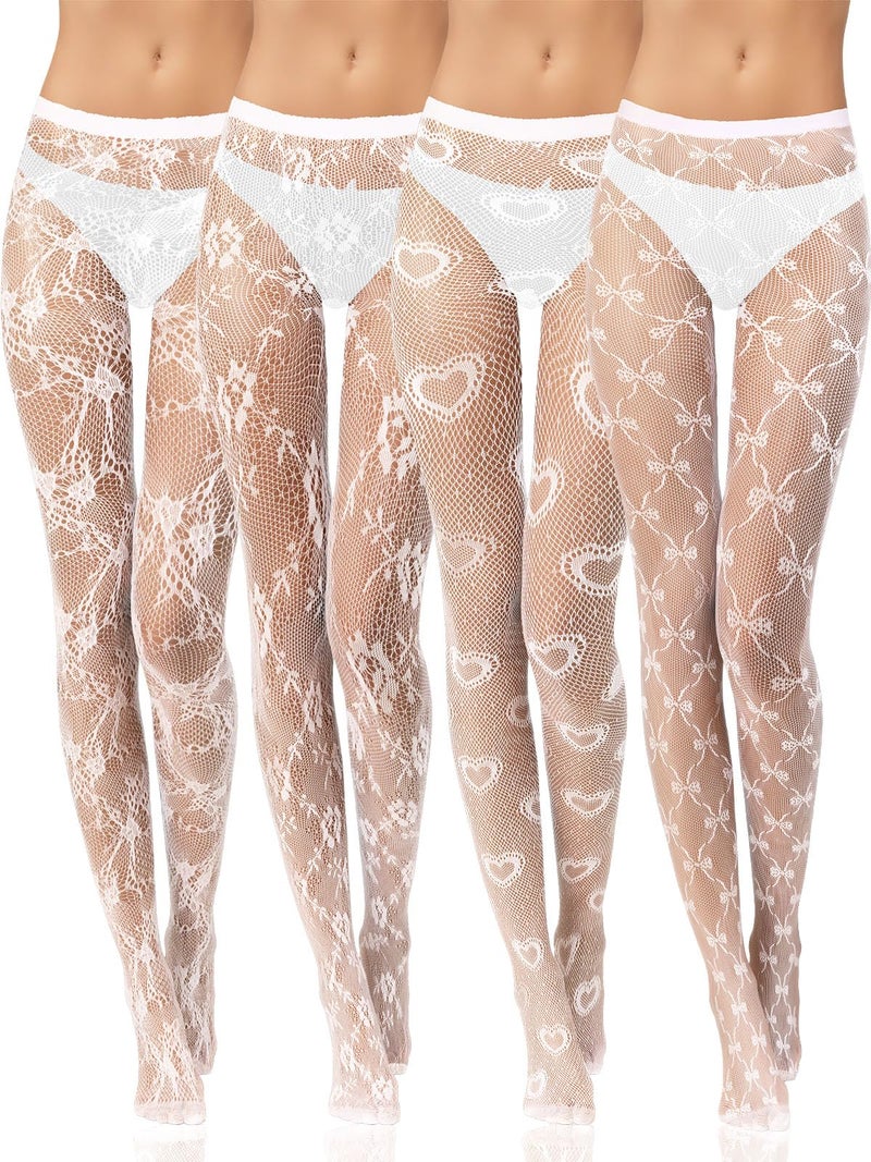 BOARDFEB 4 Pcs Lace Fishnet Tights, White Fishnets Leggings Tight Floral Pantyhose Stockings Fishnet Thigh High Stockings Waist Tights for Women Girls Halloween - Image 1