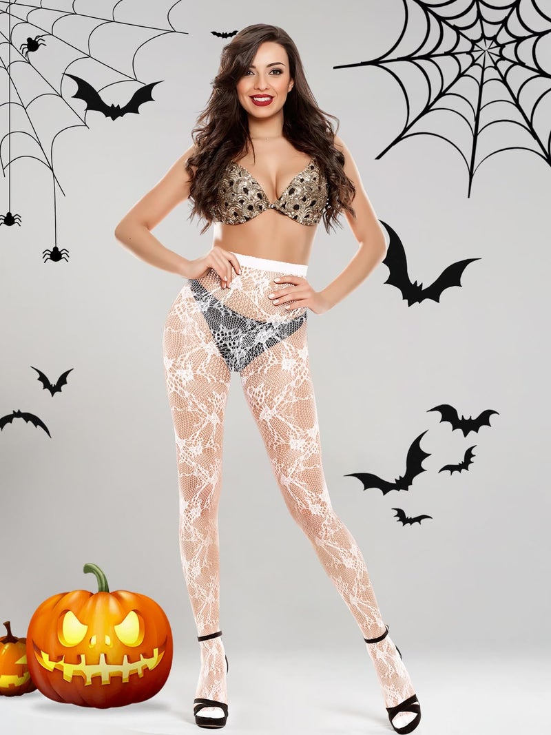 BOARDFEB 4 Pcs Lace Fishnet Tights, White Fishnets Leggings Tight Floral Pantyhose Stockings Fishnet Thigh High Stockings Waist Tights for Women Girls Halloween - Image 4