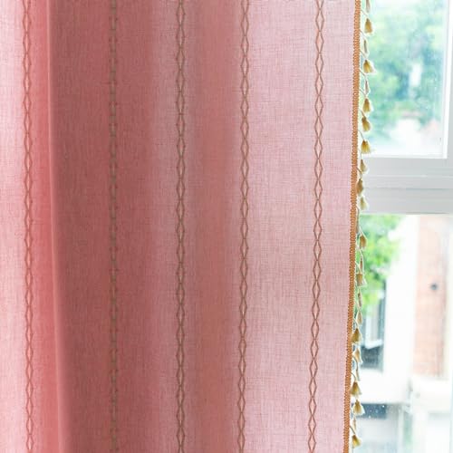Deeprove Pink Boho Curtains 84 inches Length for Baby Girl Bedroom Nursery, Blush Bohemian 84 inches Long Embroidery Farmhouse Light Filter Privacy Style Tassel Window Treatments, W52 x L84, 1 Panel - Image 5