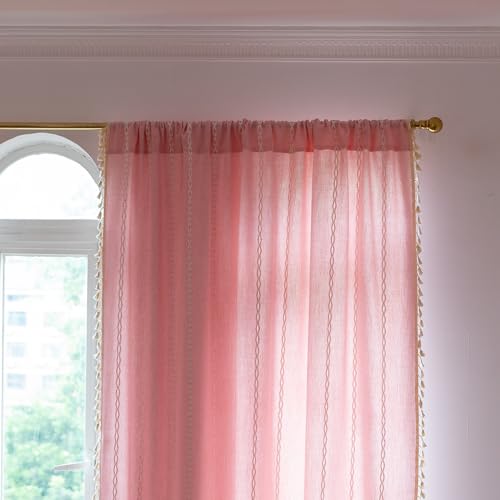 Deeprove Pink Boho Curtains 84 inches Length for Baby Girl Bedroom Nursery, Blush Bohemian 84 inches Long Embroidery Farmhouse Light Filter Privacy Style Tassel Window Treatments, W52 x L84, 1 Panel - Image 2