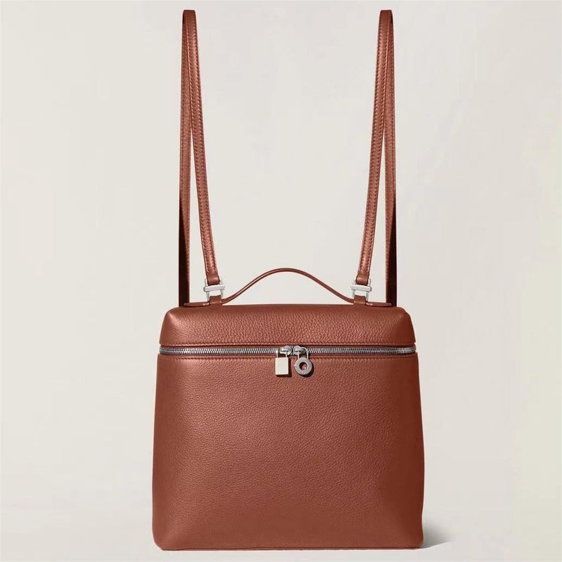 Loro High-End Feel Double Shoulder Bag Top Layer Cow Leather Rice Box Handbag Simple Versatile Backpack Commuting Small Bookbag Brown