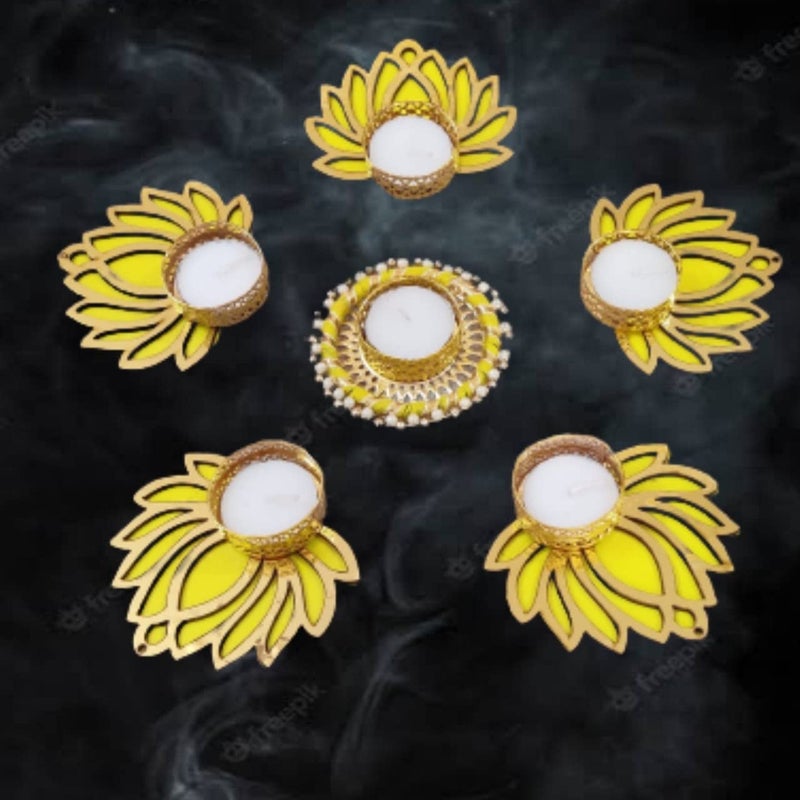 KollectionKart Beautiful Handmade 5 Lotus Tea Lights 1 Gota Bangle Tea Light Floor Rangoli for Home Office Decoration Diwali Gifts coOperate Gift Yellow 