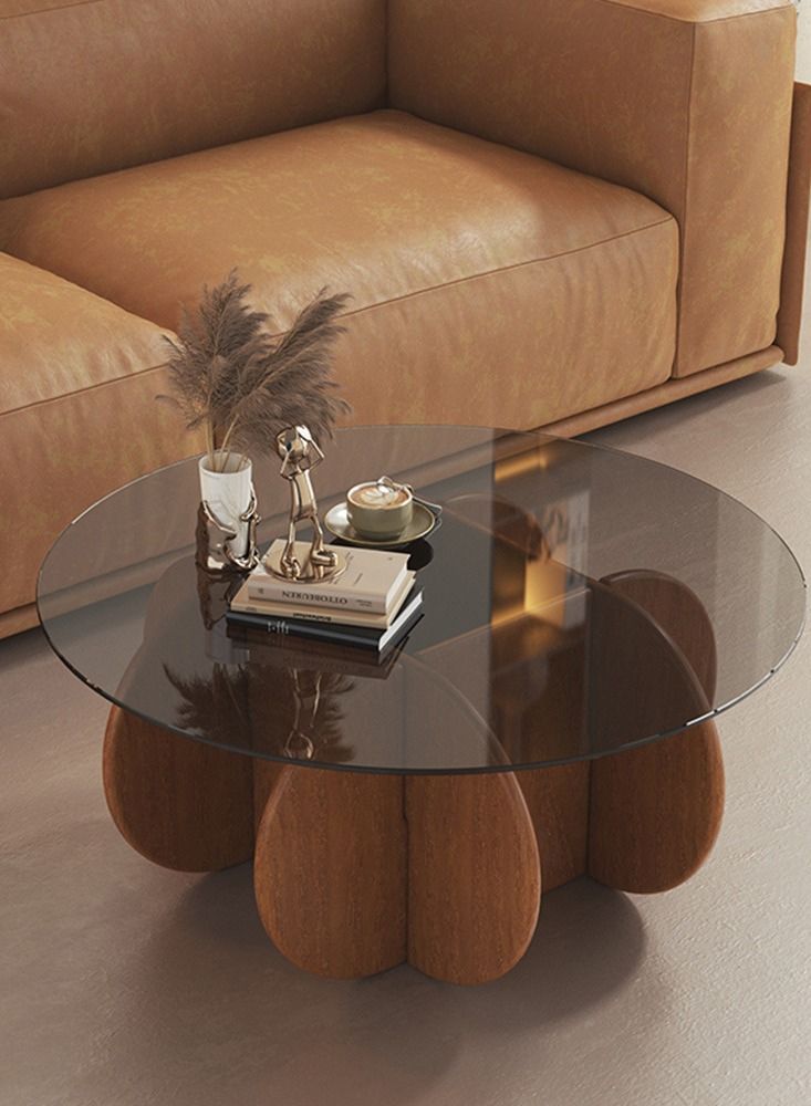 Merry Moments Wodden Round Table Modern Coffee Table Cafe Table Sofa Side Table End Table Snack Table Fshion Design for Living Room Bedroom Office Retail Tempered Glass Top Solid Wood Base H40xL70xW70 cm  - Image 3