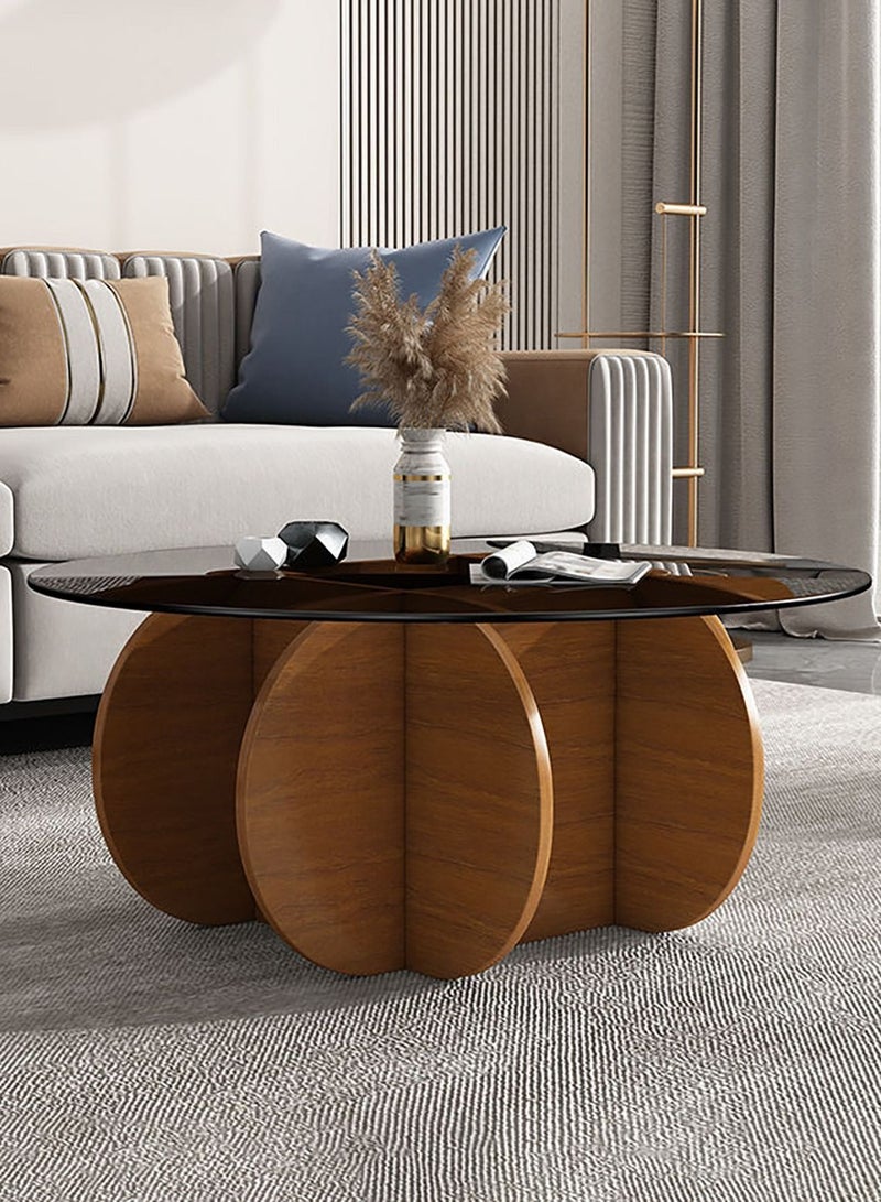 Merry Moments Wodden Round Table Modern Coffee Table Cafe Table Sofa Side Table End Table Snack Table Fshion Design for Living Room Bedroom Office Retail Tempered Glass Top Solid Wood Base H40xL70xW70 cm  - Image 2