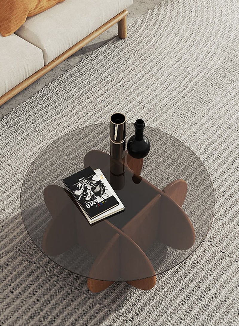 Merry Moments Wodden Round Table Modern Coffee Table Cafe Table Sofa Side Table End Table Snack Table Fshion Design for Living Room Bedroom Office Retail Tempered Glass Top Solid Wood Base H40xL70xW70 cm  - Image 5