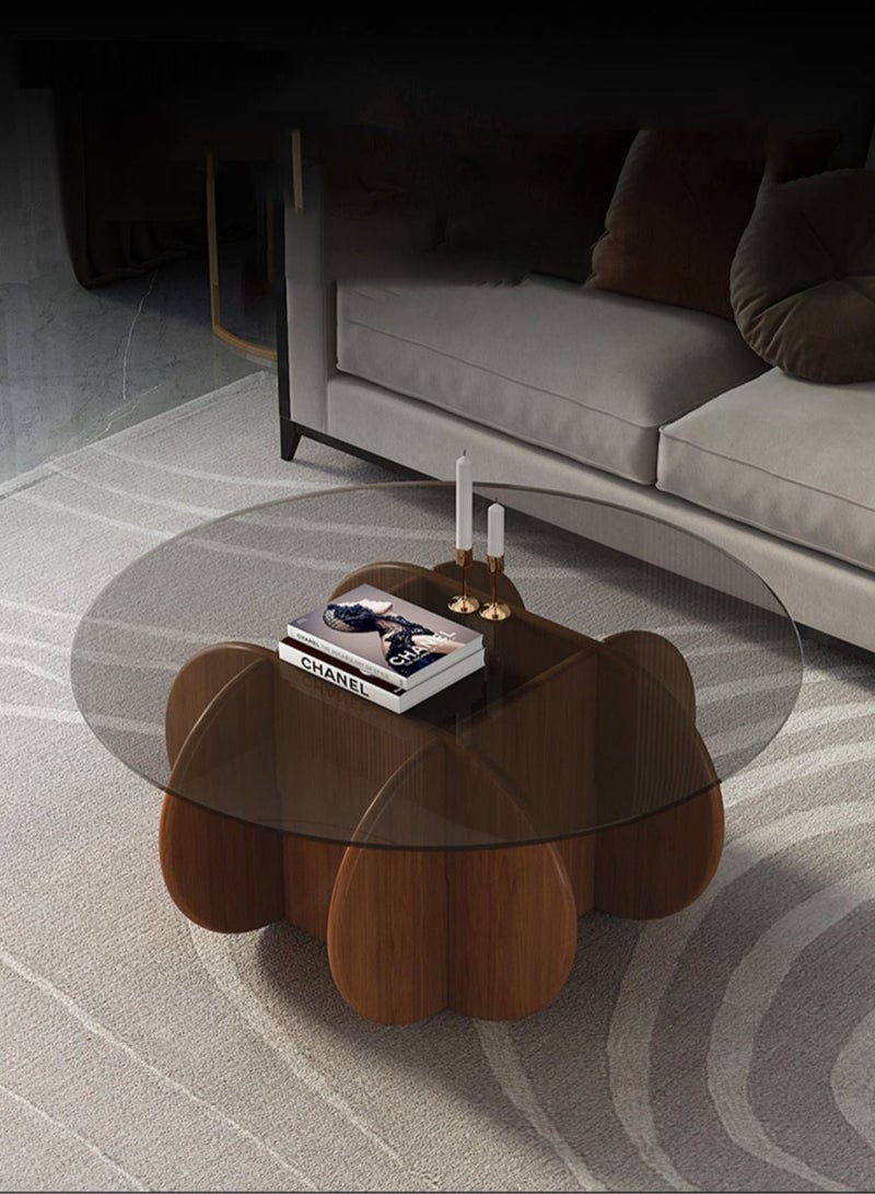 Merry Moments Wodden Round Table Modern Coffee Table Cafe Table Sofa Side Table End Table Snack Table Fshion Design for Living Room Bedroom Office Retail Tempered Glass Top Solid Wood Base H40xL70xW70 cm  - Image 1