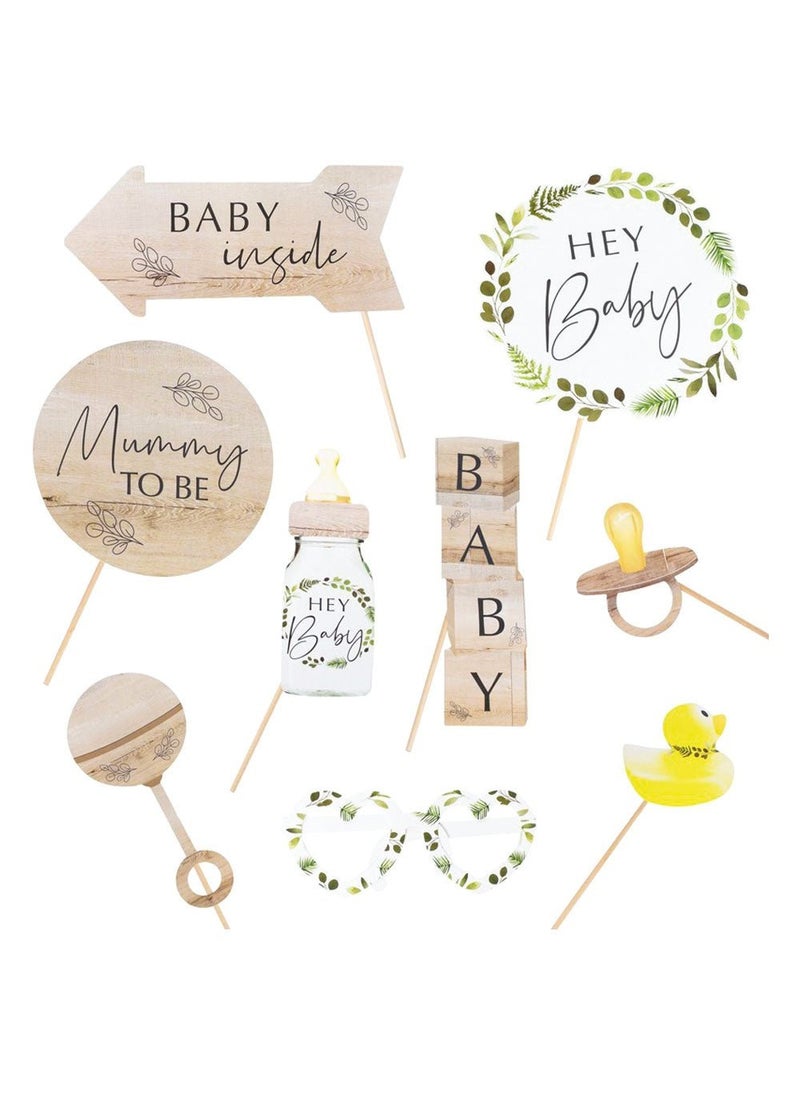 Ginger Ray Hey Baby Photo Props Wood Cardboard 36cm 10-Pack - Image 1