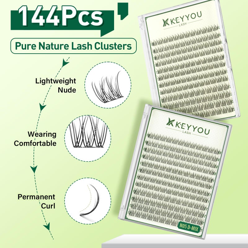 KEYYOU Natural Lash Clusters Wispy Eyelash Clusters 144 pcs Cluster Eyelash Extensions D Curl Individual Lashes 10-12MIX Mix Length Light and Natural Lashes Look with Thin Lash Band(N05-D-10-12MIX) - Image 2