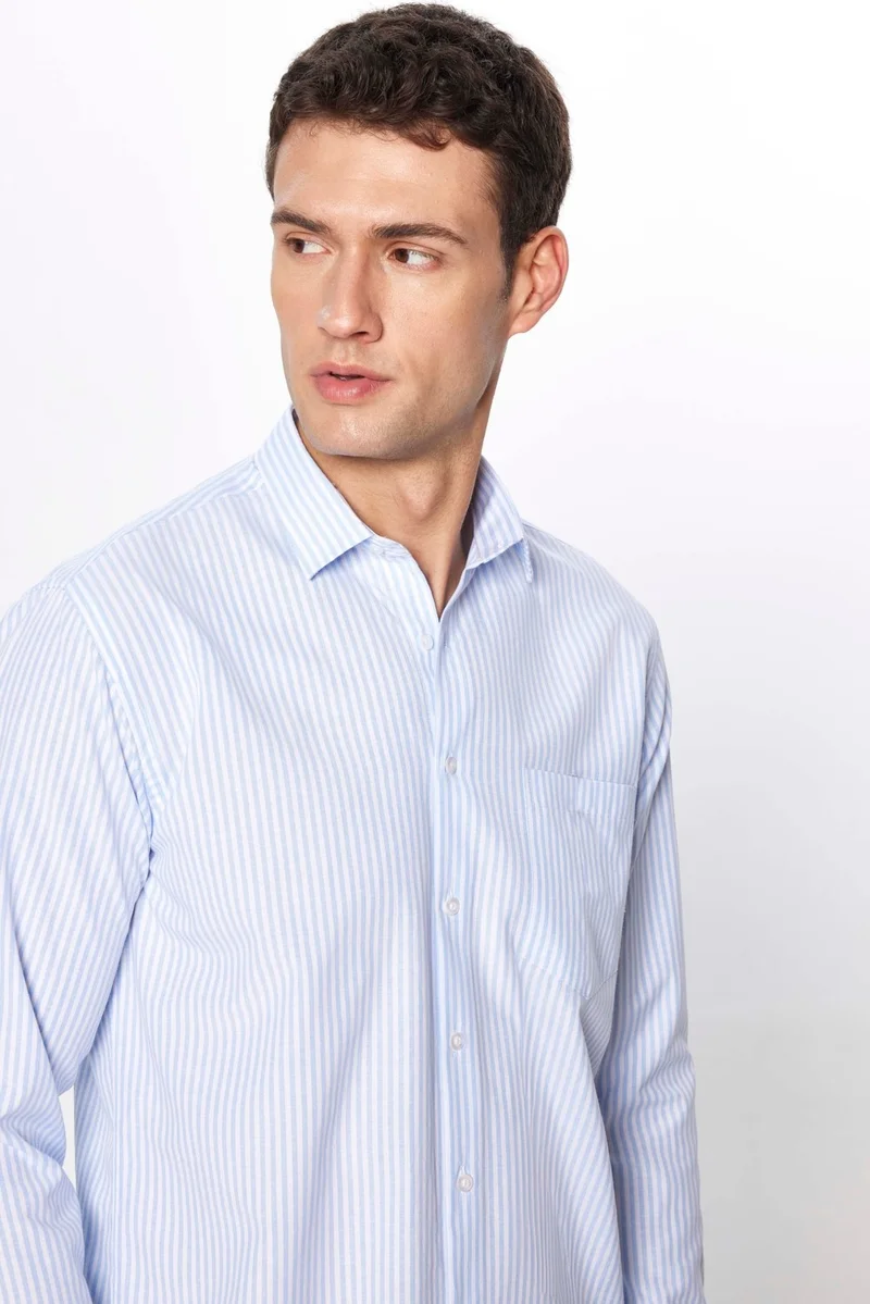 تودورس Men's Classic Fit Regular Cut Long Sleeve Single Pocket Striped Italian Collar Shirt