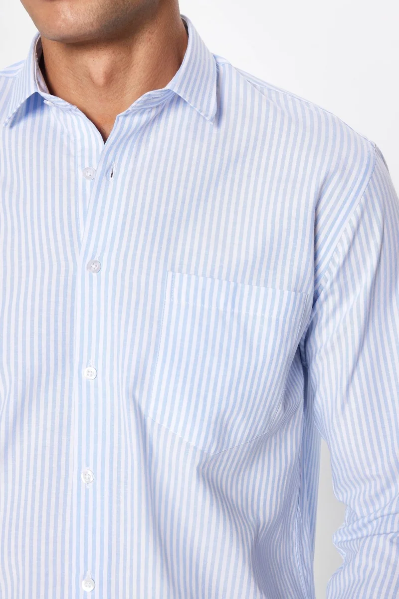 تودورس Men's Classic Fit Regular Cut Long Sleeve Single Pocket Striped Italian Collar Shirt