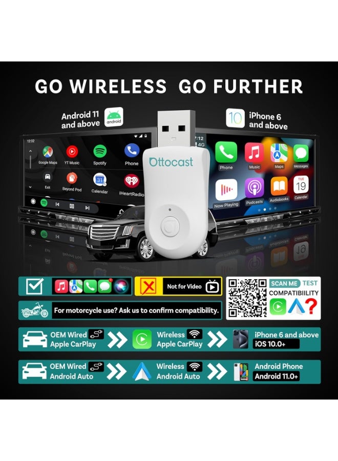 OTTOCAST Mini 2-in-1 Wireless CarPlay & Android Auto Adapter – GPS Passthrough, Plug & Play Wireless Dongle with USB & USB-C Cables (White) - Image 2