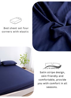 LUNA Home Fitted sheet with elastic corner 160*200 + 30 cm with 2 pillow cases, bedsheet set of 3 piece queen size, dark blue color.  - Image 4