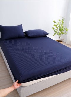LUNA Home Fitted sheet with elastic corner 160*200 + 30 cm with 2 pillow cases, bedsheet set of 3 piece queen size, dark blue color.  - Image 1