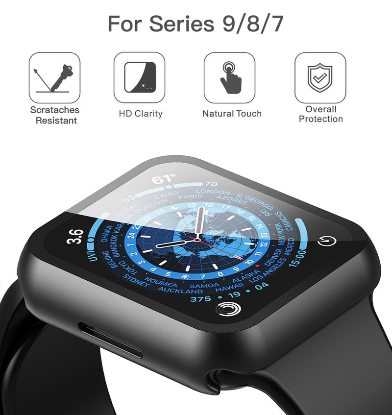Misxi 2 Pack PC Case with Tempered Glass Screen Protector Compatible with Apple Watch Series 9 (2023) Series 8 Series 7 41mm, Ultra-Thin Scratch Resistant Cover for iWatch, 1 Black+1 Transparent - Image 3