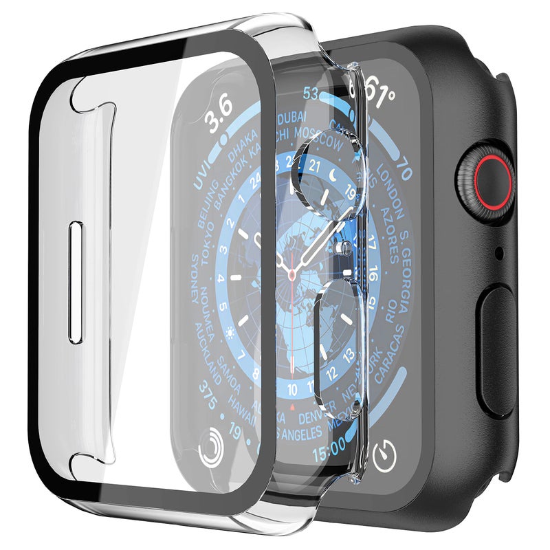 Misxi 2 Pack PC Case with Tempered Glass Screen Protector Compatible with Apple Watch Series 9 (2023) Series 8 Series 7 41mm, Ultra-Thin Scratch Resistant Cover for iWatch, 1 Black+1 Transparent - Image 1