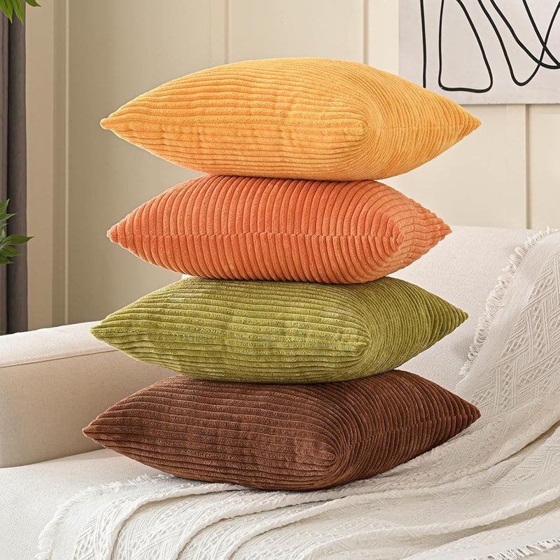 Volcanics Set of 4 Fall Orange Corduroy Decorative Throw Pillow Covers 20x20 Inch, Modern Yellow Green Gradient Couch Pillow Covers, Rustic Western Striped Cushion Covers for Bed Sofa Living Room - Image 2