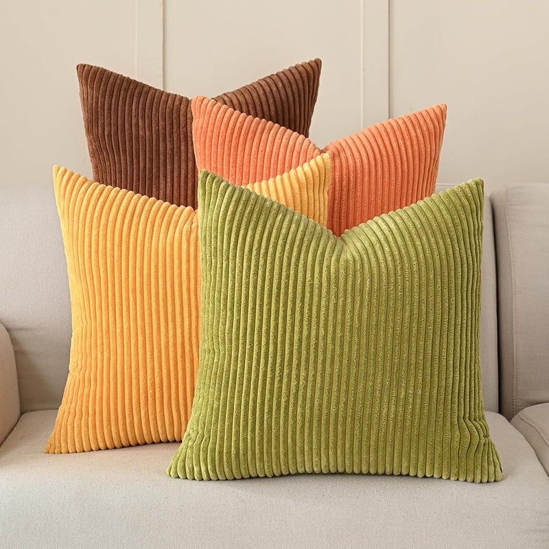 Volcanics Set of 4 Fall Orange Corduroy Decorative Throw Pillow Covers 20x20 Inch, Modern Yellow Green Gradient Couch Pillow Covers, Rustic Western Striped Cushion Covers for Bed Sofa Living Room - Image 1