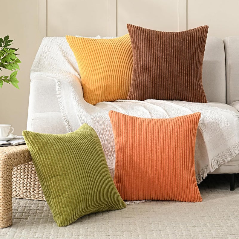Volcanics Set of 4 Fall Orange Corduroy Decorative Throw Pillow Covers 20x20 Inch, Modern Yellow Green Gradient Couch Pillow Covers, Rustic Western Striped Cushion Covers for Bed Sofa Living Room - Image 5